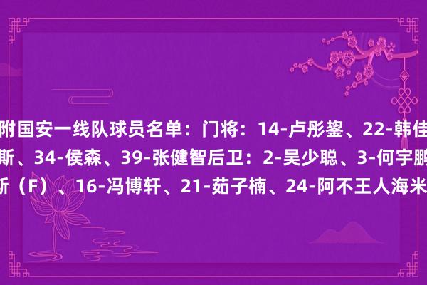 附国安一线队球员名单：门将：14-卢彤鋆、22-韩佳奇、33-努尔艾力·阿巴斯、34-侯森、39-张健智后卫：2-吴少聪、3-何宇鹏、4-李磊、5-拉莫斯（F）、16-冯博轩、21-茹子楠、24-阿不王人海米提、26-柏杨、27-王刚、30-范双杰、35-江体裁众人、42-林涵祺、47-邓捷夫中场：6-池忠国、7-塞尔吉尼奥、8-孔特（F）、10-张稀哲、18-王禹、20-恩科洛洛（F）、23-达万（F）、32-王念念泽、36-贾不凡、37-曹永竞、38-魏家傲、41-程熙时尚：9-张玉宁、11-林良铭、17-杨立瑜、29-法比奥（F）、45-马名扬    体育赛事直播